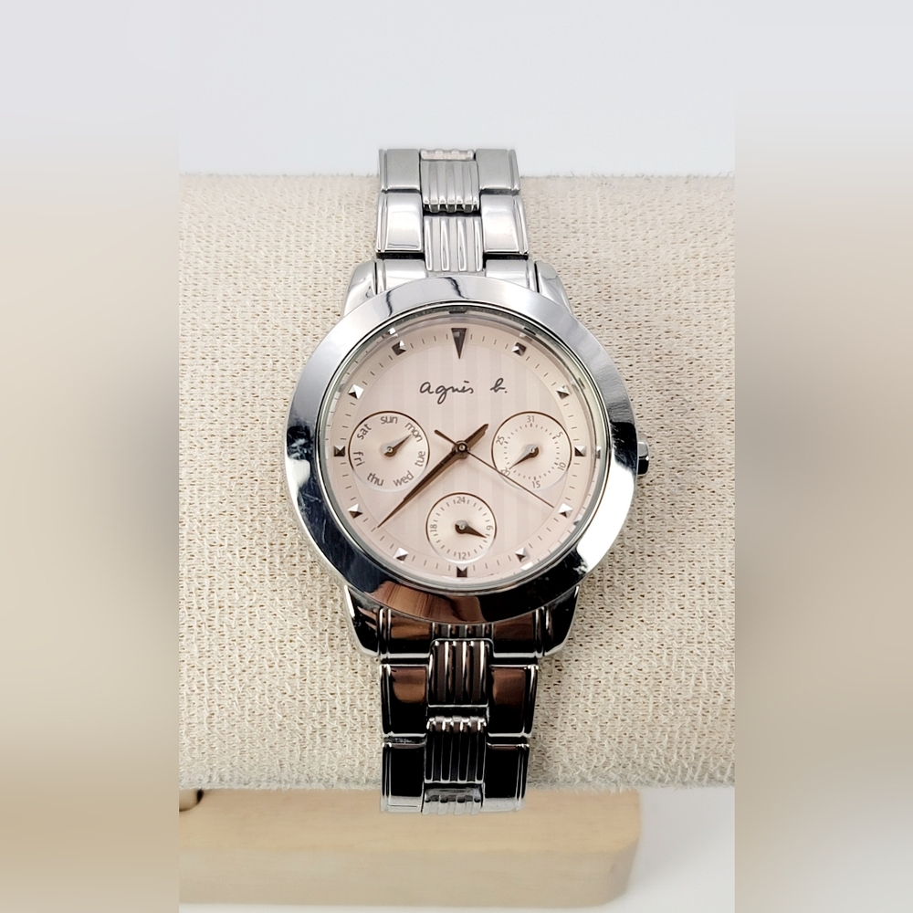 Agnes B. Silver Stainless Steel Watch with Pink Dial